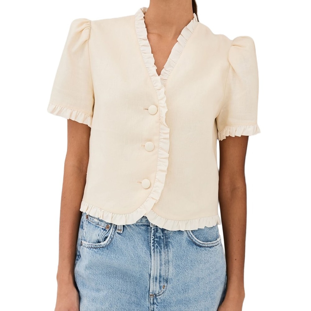 Reformation Bess Linen Top Sugar Cream Cropped Romantic Prairie Regencycore M